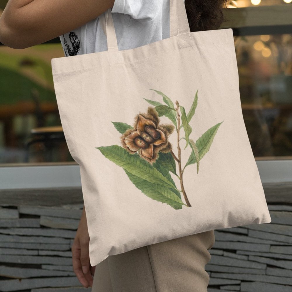 American Chestnut Vintage Watercolor Botanical Print Graphic Canvas Tote Bag